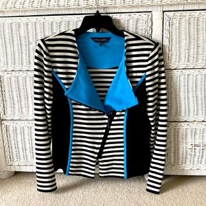 Striking Ming Wang jacket, black/white /turquoise knit zipper front